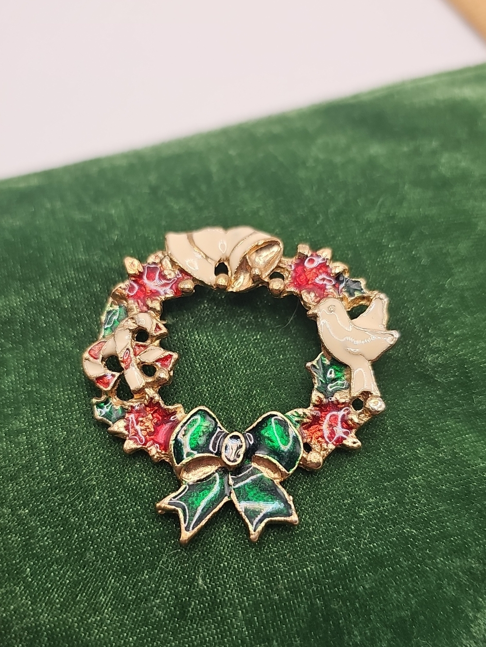 Festive Green and Red Wreath Brooch with Bow, Bells And Dove. Women Jewelry